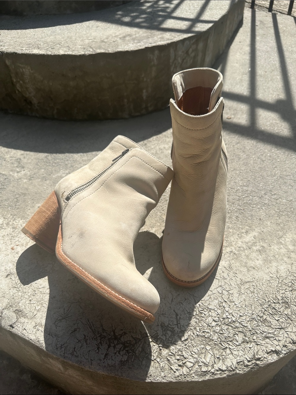 Frye Cream Leather Suede Ankle Booties with Wooden Block Heel 7